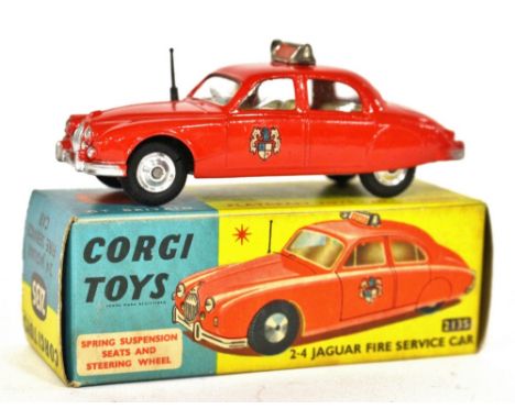 Corgi: A Corgi Toys No.213S, "2.4 Jaguar Fire Service Car", red body with lemon interior, grey aerial with roof sign, spun hu