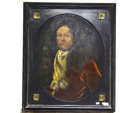 17th Century English School, an oval half length portrait of a gent wearing a red jacket and white scarf, unsigned, oils on c