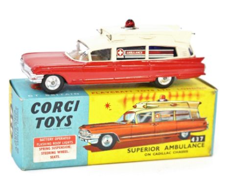 Corgi: A Corgi Toys No.437, "Superior Ambulance on Cadillac Chassis", red and cream body, dark blue windows with Ambulance de