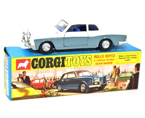 Corgi: A Corgi Toys No.273, "Rolls Royce Silver Shadow", H.J.Mulliner, with pearlescent white over grey body, blue interior, 