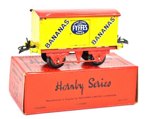 Hornby: A Hornby Series 'O' Gauge Banana Van 'Flffes Bue Label Brand', yellow and red livery, contained within original box.