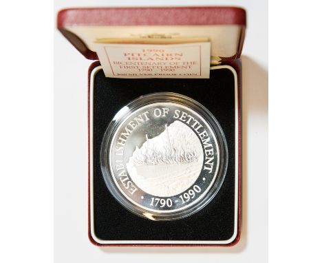 Pitcairn Islands Silver Proof 50 Dollars, 1990, Bicentenary of the First Settlement 1790-1990, cased with certificate, 5 ozt 