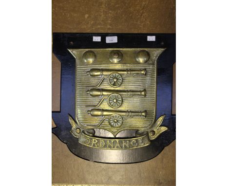 WW2/1950's British Army Royal Army Ordance Corps barracks sign. RAOC collar dog design cast in brass in high releif and mount