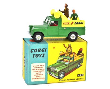 Corgi: A Corgi Toys No.472, "Public Address Vehicle" 'VOTE FOR CORGI', mid green with yellow rear plastic body, red interior,