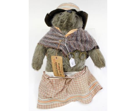 Gabrielle Designs, Aunt Lucy bear, circa 1978, with original costume and coins in pocket, luggage tag, etc 