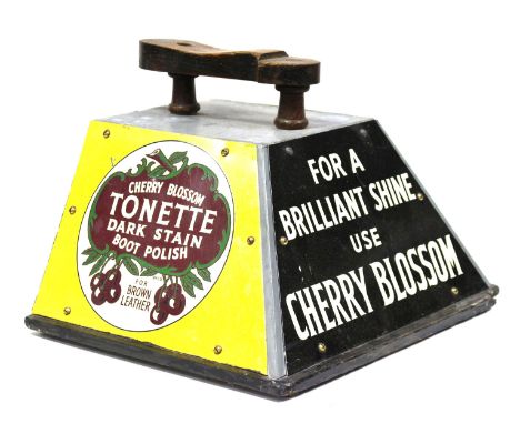 Advertising: A"Cherry Blossom Boot Polish" Shoe Shine Box , three trapezoid enamel plates fitted, the enamel plates are yello