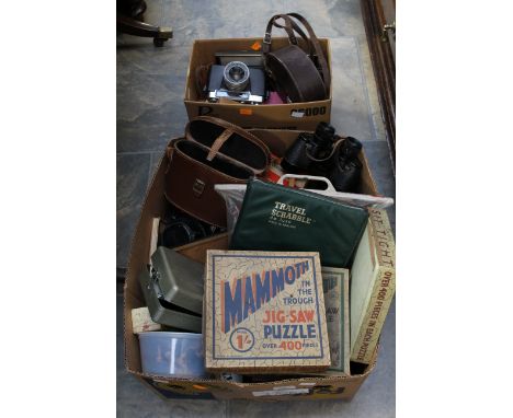 Collectables including cameras; jigsaws; engravings; ordnance survey; games; etc (two boxes) 