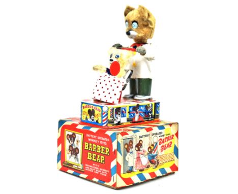 TN Toys Nomura: A Toys Nomura (made in Japan) Battery Operated "Barber Bear" 'with Moving Comb, Scissors and Baby Bear with M