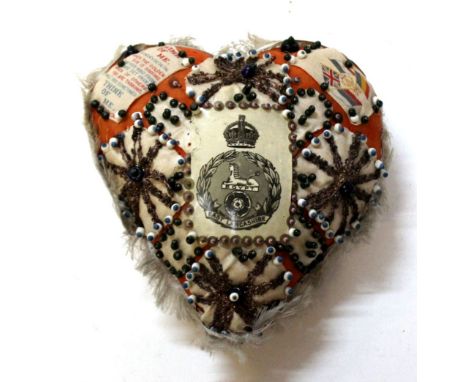 WW1 British Sweetheart decorated pillow/pin cushion. Decorated with coloured pins, wire embroidery, silks and a lithograph ca