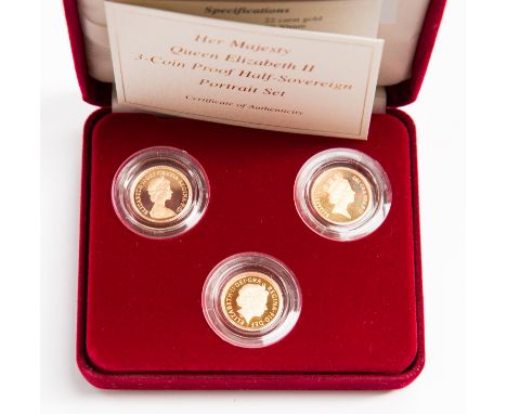 Proof Half Sovereign Queen Elizabeth II three coin Portrait Set, 1980, 1987 and 2004, cased as issued with certificate 