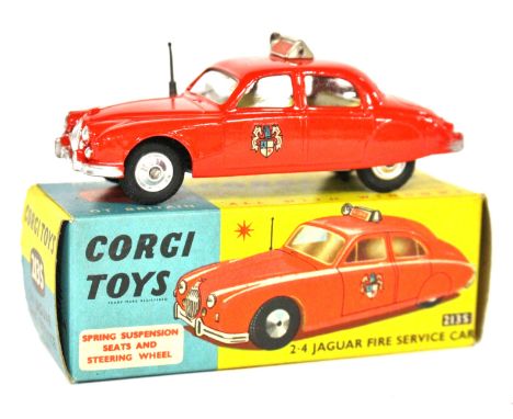 Corgi: A Corgi Toys No.213S, "2.4 Jaguar Fire Service Car", red body with lemon interior, grey aerial with roof sign, spun hu