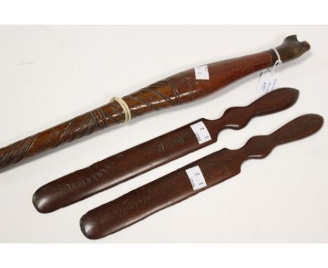 Boer War P.O.W Treen carved walking stick and two paper Turners made by A. Botha, Presented to Sgt Barbant Royal Warwickshire