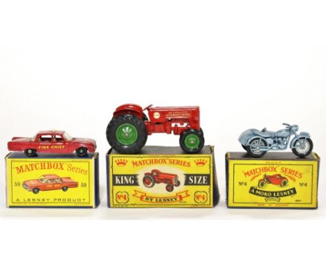 Matchbox: A Matchbox Series Lesney No.59 Fire Chief's Car, a Matchbox Series Moko Lesney No.4 Triumph 110 and Sidecar and a M