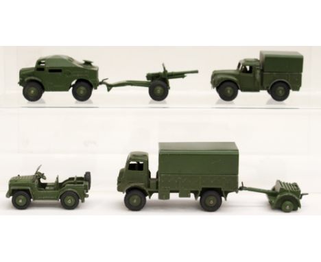 A collection of unboxed Dinky Army Vehicles to include; No.623 Army Wagon, No.674 Austin Camp, No.688 Field Artillery Tractor