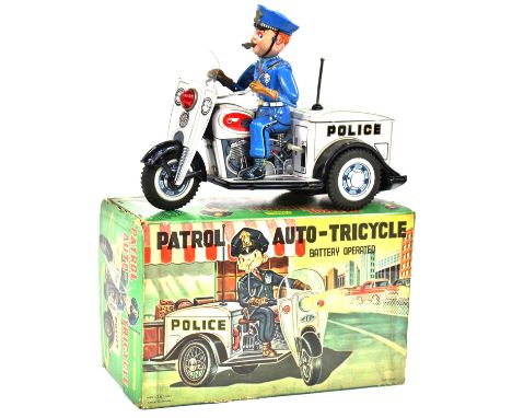 TN Toys Nomura: A Toys Nomura (made in Japan) Battery Operated "Police Patrol Auto Tricycle", tinplate, Policeman figure has 