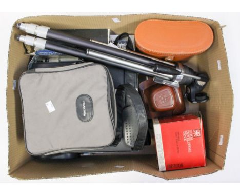 A box of cameras and camera equipment, including Chinon cased cine camera, Praktica tripod, cased binoculars, etc (two boxes)