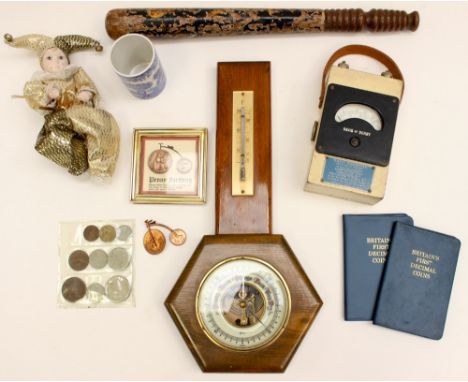OHM meter portable and four various Davis of Derby badges and first decimal coins, lots of label badges, and a Victorian trun