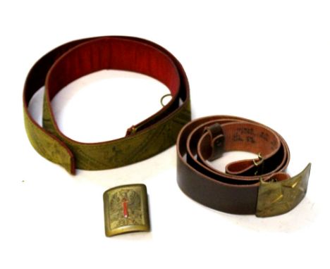 Spanish Army Officers belt buckle in brass and red enamel, post war 1980's Soviet enlisted mans vinyl belt with brass buckle 