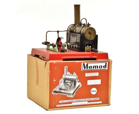 Mamod: A Mamod Live Stationary Steam Engine, S.E.3, Twin Cylinder Superheated Steam Engine, single spoked flywheel, contained