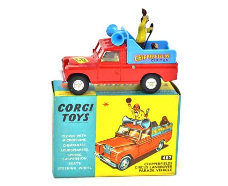 Corgi: A Corgi Toys No.487, "Chipperfields Circus Landrover Parade Vehicle", red body with light blue back, Chimpanzee and cl