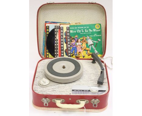 An Alba 209 portable electric (valve) turntable record player with a selection of childrens records