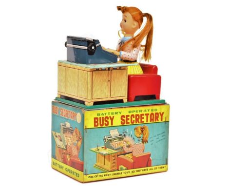 Linemar: A Linemar Toys (made in Japan) Battery Operated "Busy Secretary" with light moving Typewriter, within original box