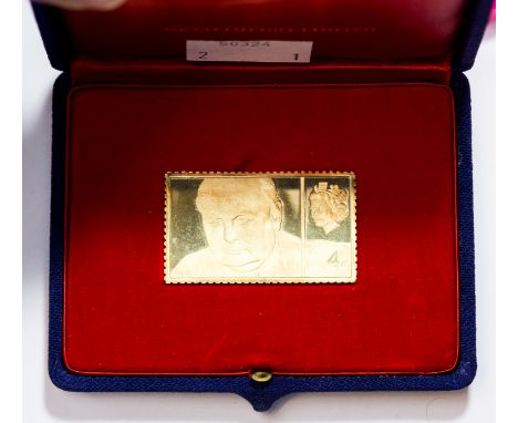 Gold 18ct Proof Replica of the Sir Winston Churchill Commemorative Stamp, November 1965 first edition by Metal Import, cased 