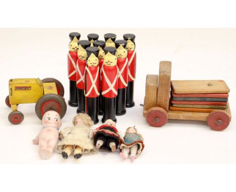Four miniature ceramic dolls, with wooden soldiers, and two wooden vehicles (2 bags)