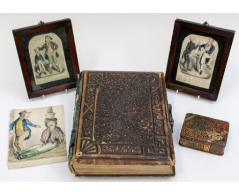 A Victorian photo album on 1824 Theatre Royal playbill, three cartoon prints and a tin of playing cards (6)