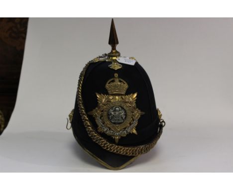 British Army Edwardian Officers 1878 pattern Home Service blue cloth helmet to the Manchester Regt. Brass fluted spike, quatr