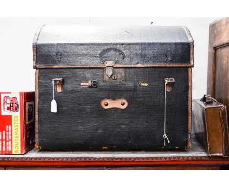 A travelling trunk with inner pull out shelf, retailed by Pages, 11 Wardwick Derby, circa late 19th Century wicker and wooden