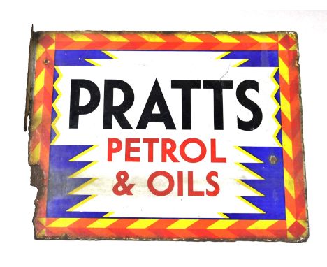 Advertising: A enamel double-sided advertising sign for "Pratts 'High Test' Petrol & Oil", red,yellow and orange chevron bord