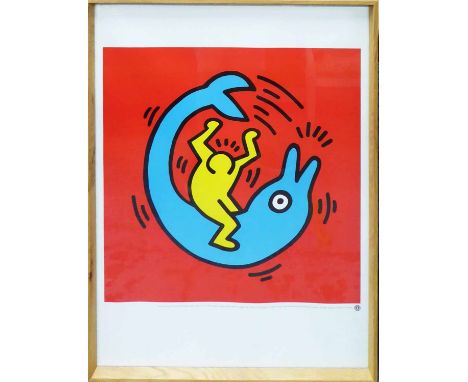 KEITH HARING 'Dolphin Button', lithograph in colours, 80cm x 60cm, framed and glazed.