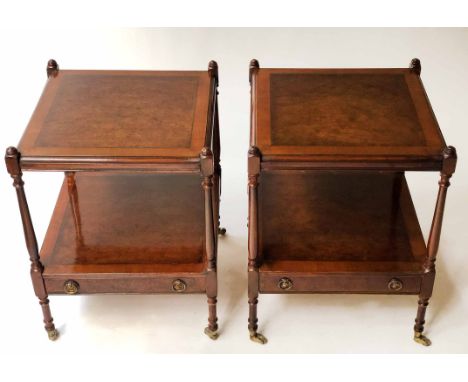 LAMP TABLES, a pair, George III style burr walnut each with two tiers and a drawer, 45cm x 48cm x 60cm H. (2)