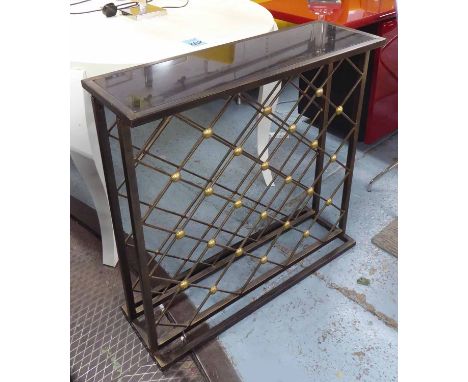 WINE RACK CONSOLE TABLE, with brass detail, 79cm x 26cm x 79cm H.