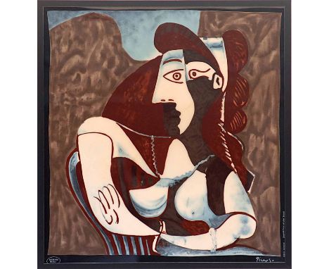 PABLO PICASSO 'Seated Woman', signed in the plate, silk scarf, 85cm x 80cm, framed and glazed.