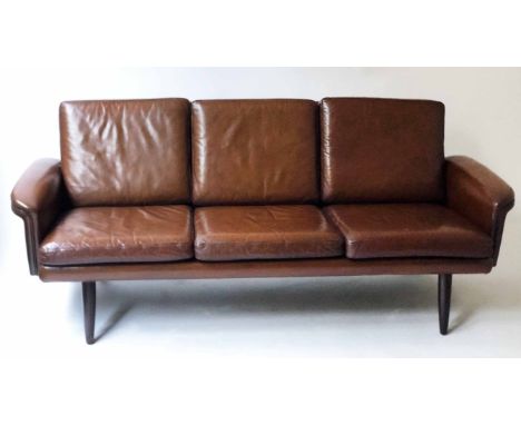 SOFA, 1970's Danish hand dyed mid brown grained leather upholstery, piped and stitched with splay swept supports, 178cm W.