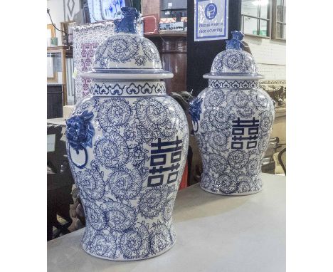 TEMPLE JARS, a pair, Chinese export style, blue and white ceramic, 60cm H. (2) (one cover ill fitting)