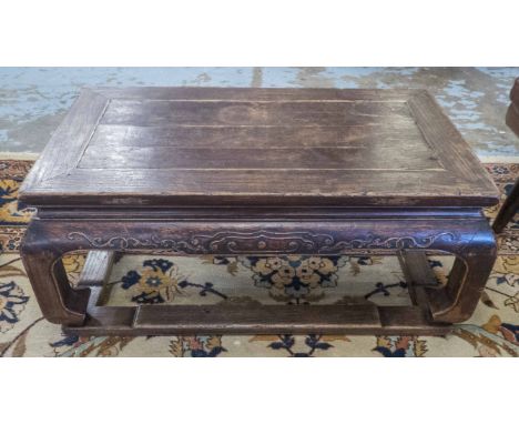 LOW TABLE, 19th century Chinese elm with carved detail, 81cm x 45cm D x 36cm H. 