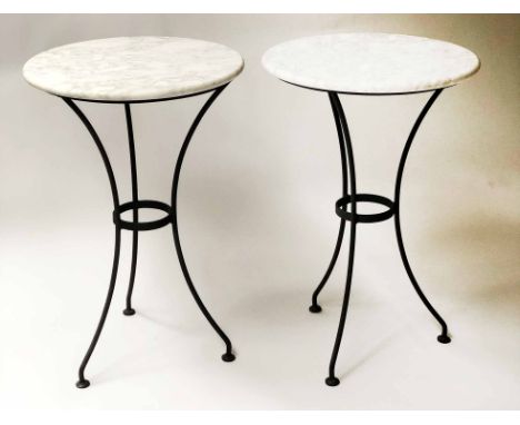 LAMP TABLES, a pair, Art Deco design, each with circular variegated white marble, on wrought iron, waisted and outswept tripo