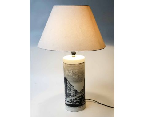 FORNASETTI STYLE LAMP, cylindrical ceramic black and white architectural Roman scene, 73cm H.