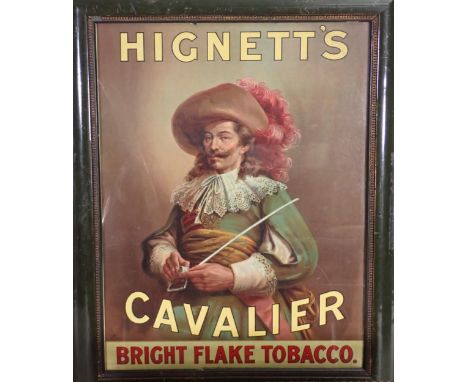 A late Victorian advertising show card for HIGNETT'S CAVALIER BRIGHT FLAKE TOBACCO. Depicting a half length figure of a Caval