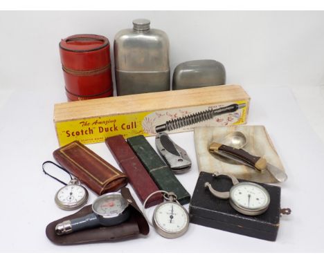 A boxed Scotch Duck Call, a large Hip Flask, three glass Flasks in case, two Pocket Knives, Pocket Watch, various Gauges, etc