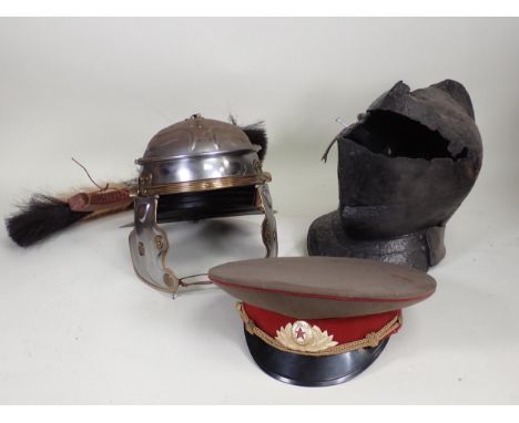 A replica Roman Soldiers Helmet, a replica Medieval style Frog-Mouth Helmet A/F and an Officer's Army Cap 