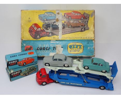 A boxed Corgi Major No.1 Carrimore Car Transporter Gift Set with two Cars, a No.201 Austin Cambridge Saloon and a No.204 Rove