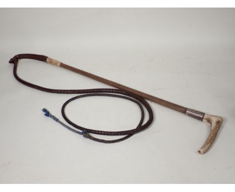 A Gentleman's Hunting Whip by Callow &amp; Sons, London, with antler grip and button, silver collar engraved 'John McNeile, C