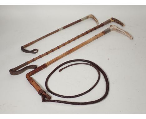 A Ladies' Hunting Whip by Swaine &amp; Adeney, London, with antler grip and button, silver collar engraved 'J.W.', shaft with