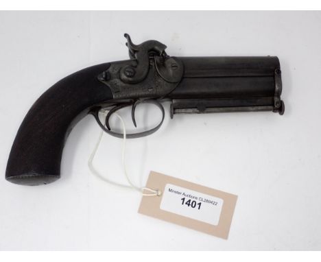 A 38 bore over and under double barrelled percussion pistol by Wilkinson. 3' barrels, engraved Wilkinson London to top flat. 