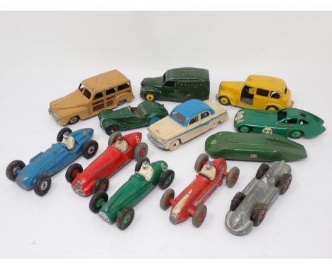 Twelve play worn Dinky Toys including Austin Taxi, Shooting Brake, Raleigh Cycles Van, Bristol 450, MG Record Car, Frazer-Nas