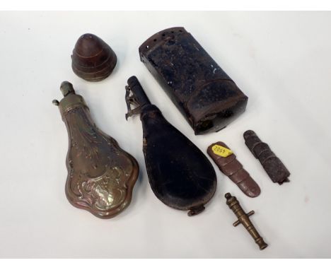 Various shot and powder Flasks, Shell Fuse, Trench Light, miniature Cannon, etc 